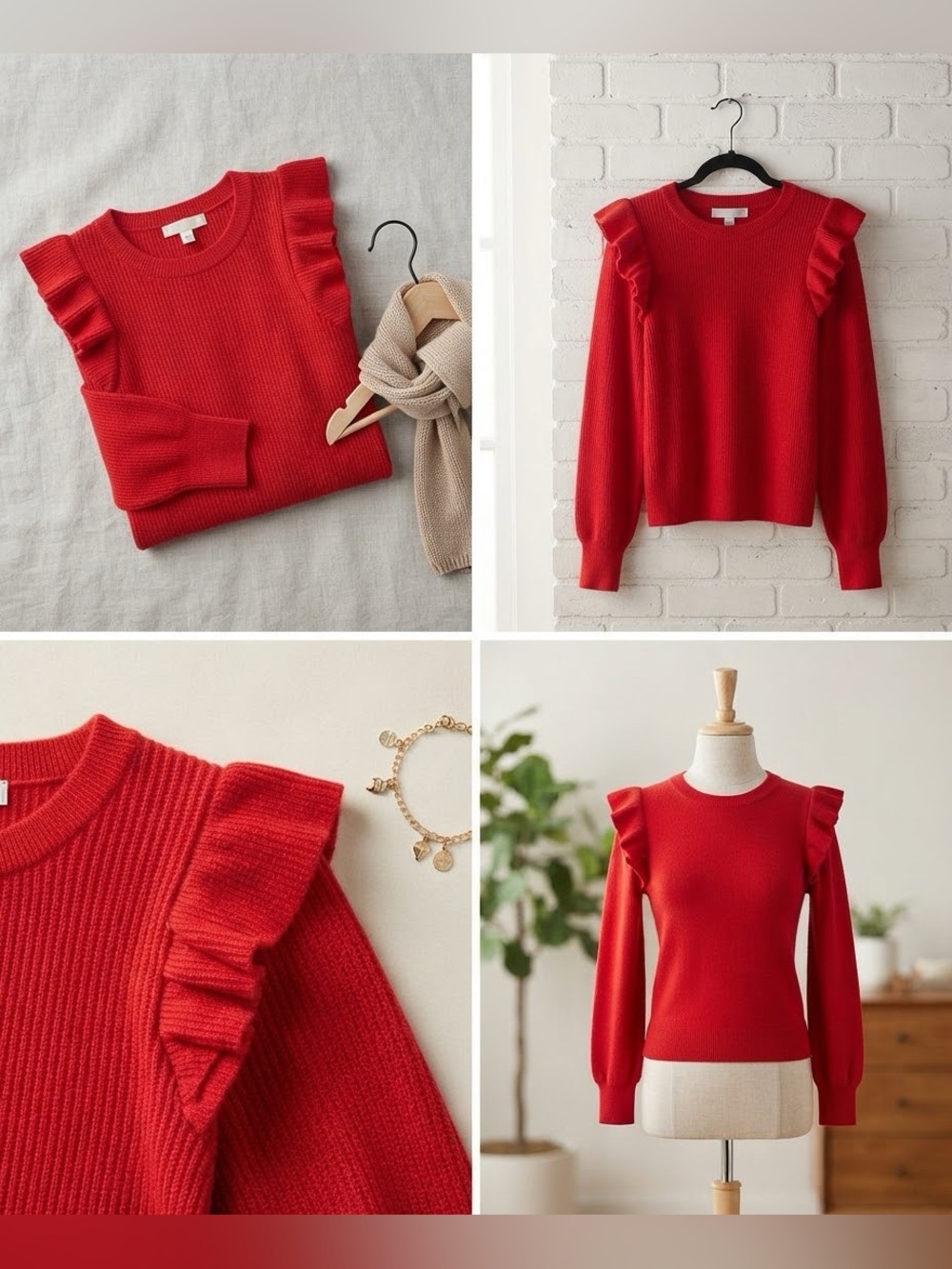 Vibrant Red Ruffle Sleeve Knit Sweater soft/cozy holiday wear or casual everyday